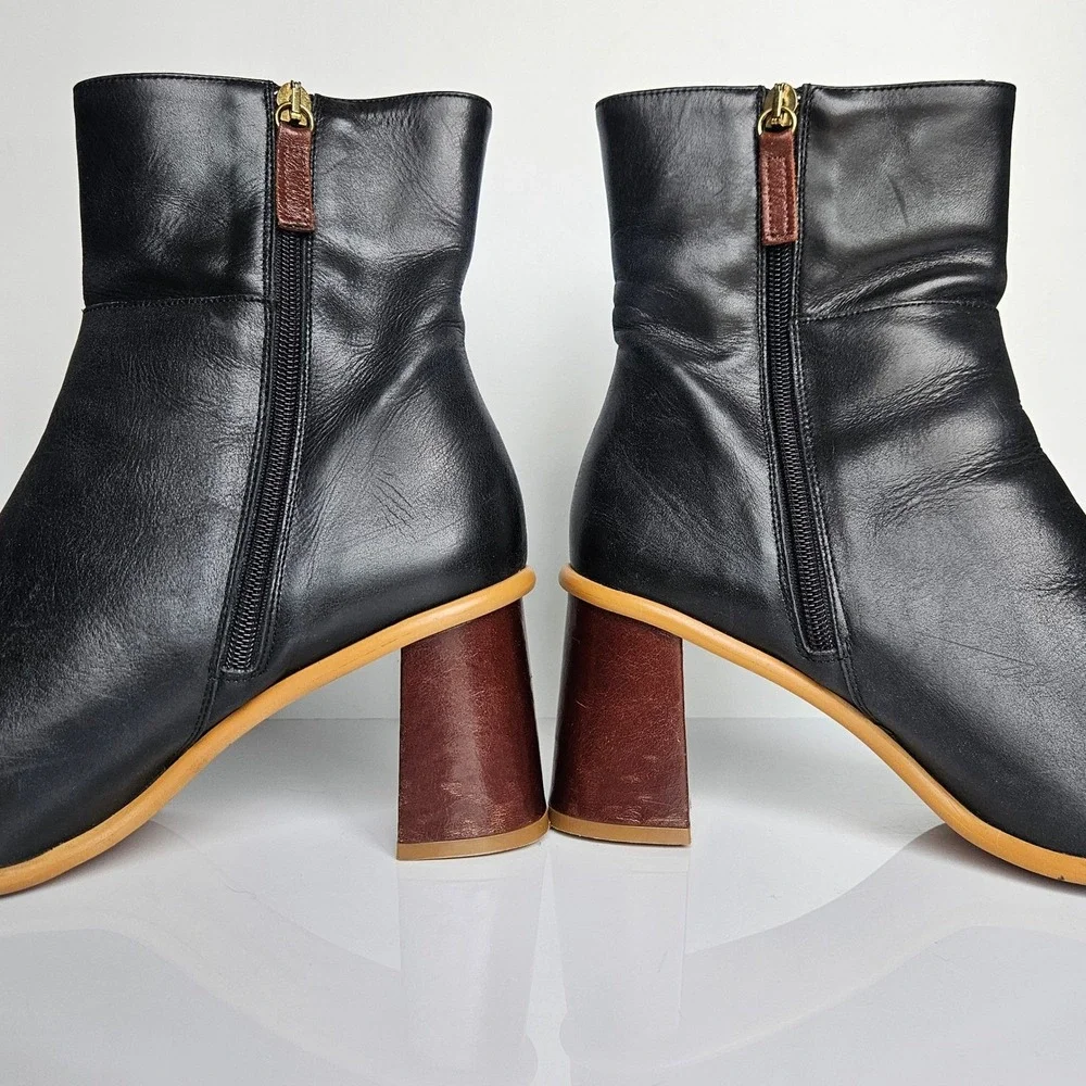 Alohas East Black Leather Square Toe Ankle Boots‎ Wood Block Heel Spain Size 41